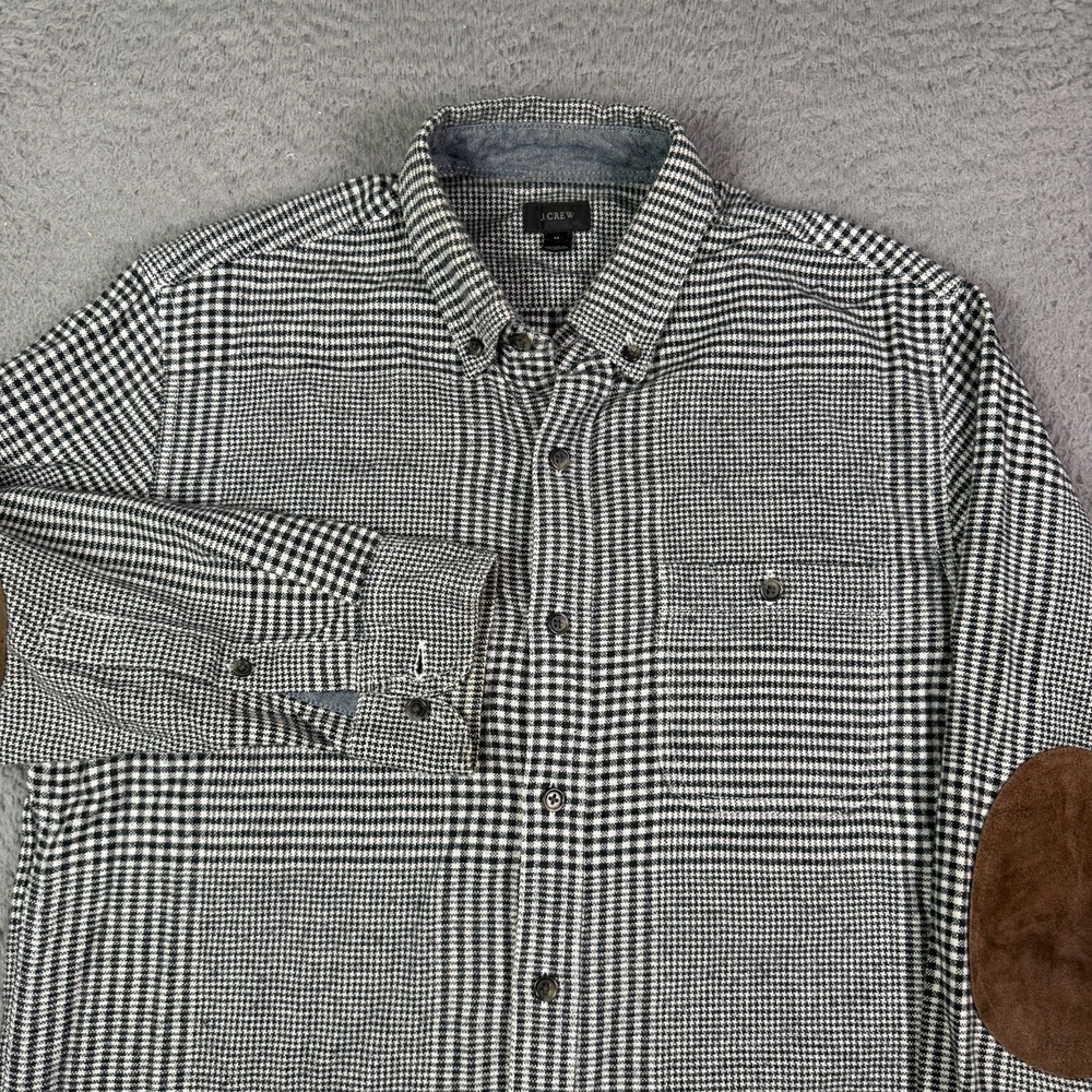 J. Crew Flannel Shirt Mens M Black White Glen Plaid Elbow Patch Pad Work